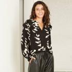 Women's Floral Print Long Sleeve Romantic Ruffle Blouse - A New Day Black
