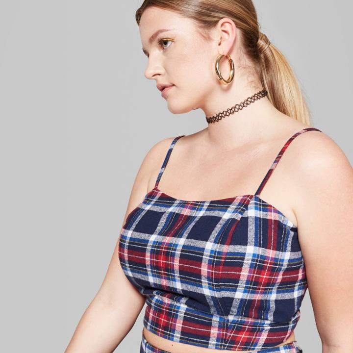 Women's Plus Size Plaid Strappy Cropped Woven Top - Wild Fable Blue/red