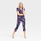 Women's Beautifully Soft Floral Print Notch Collar Cropped Pajama Set - Stars Above Blue