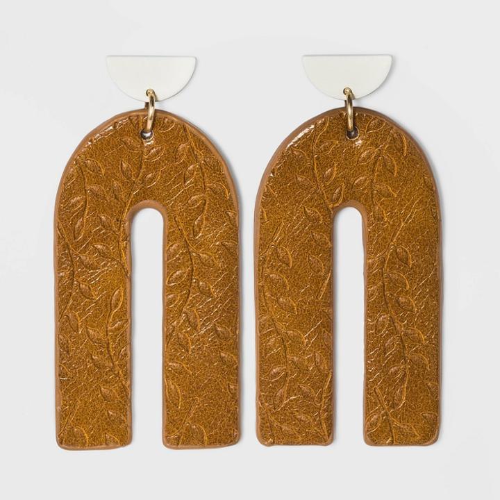 Sprayed Half Circle With Embossed Vegan Leather U Shape Drop Earrings - Universal Thread Brown