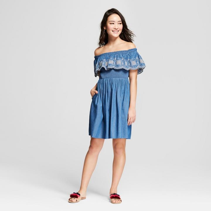 Women's Off The Shoulder Embroidered Popover Dress - Xhilaration Indigo (blue)