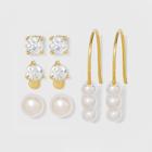 Sterling Silver With Cubic Zirconia And Glass Pearl Stud Earring Set 4pc - A New Day - Gold