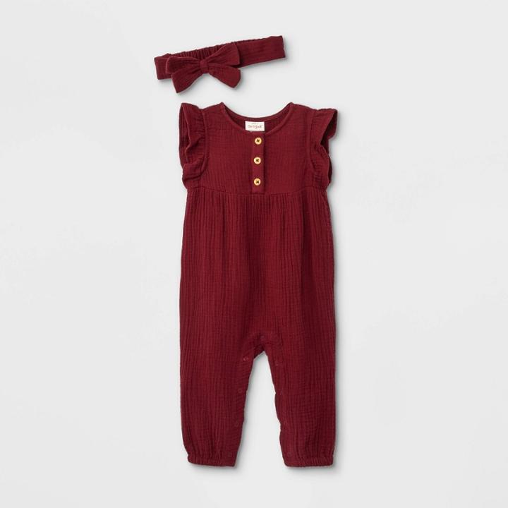 Baby Girls' Gauze Romper With Headband - Cat & Jack Red Newborn