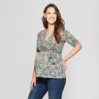 Maternity Floral Print Elbow Sleeve V-neck Printed French Terry Top - Macherie - Green