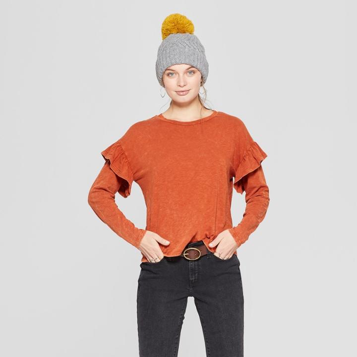 Women's Long Sleeve Ruffle T-shirt - Universal Thread Orange