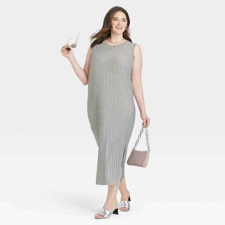 Women's Plus Size Sleeveless Plisse Knit Dress - A New Day Heather Gray