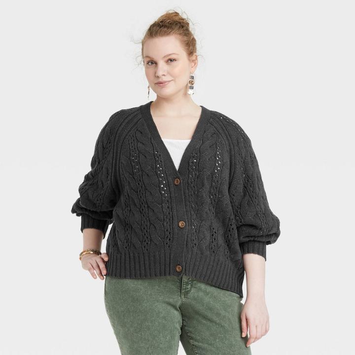 Women's Plus Size Button-front Cable Stitch Cardigan - Universal Thread Charcoal Heather