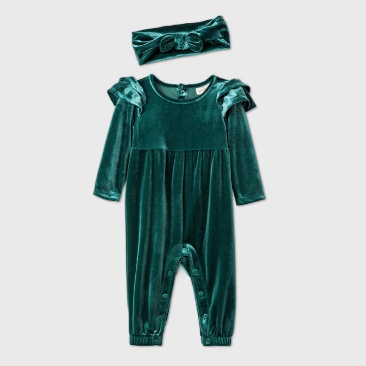 Baby Girls' Velour Ruffle Long Sleeve Romper - Cat & Jack Green
