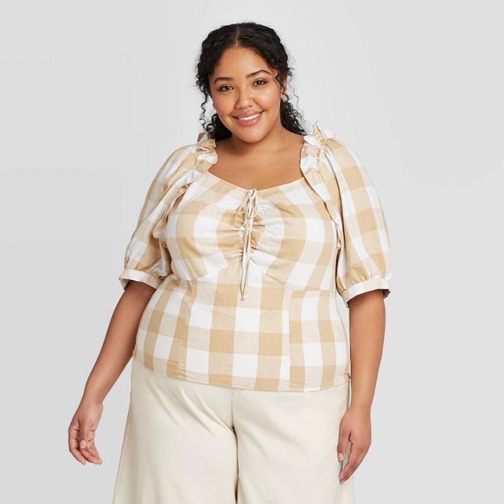 Women's Plus Size Plaid Elbow Sleeve Blouse - Who What Wear Beige 1x, Women's,