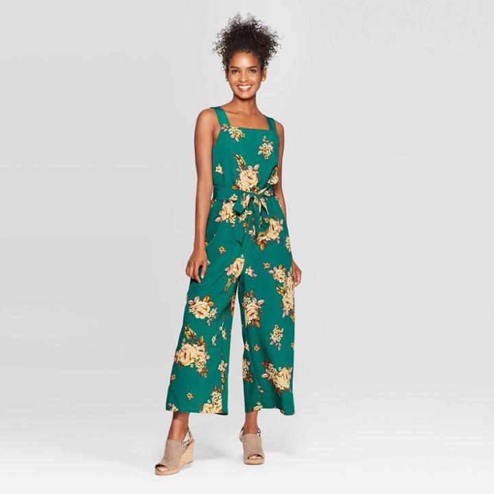 Women's Floral Print Sleeveless Strappy Square Neck Tie Waist Jumpsuit - Xhilaration Teal