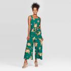 Women's Floral Print Sleeveless Strappy Square Neck Tie Waist Jumpsuit - Xhilaration Teal