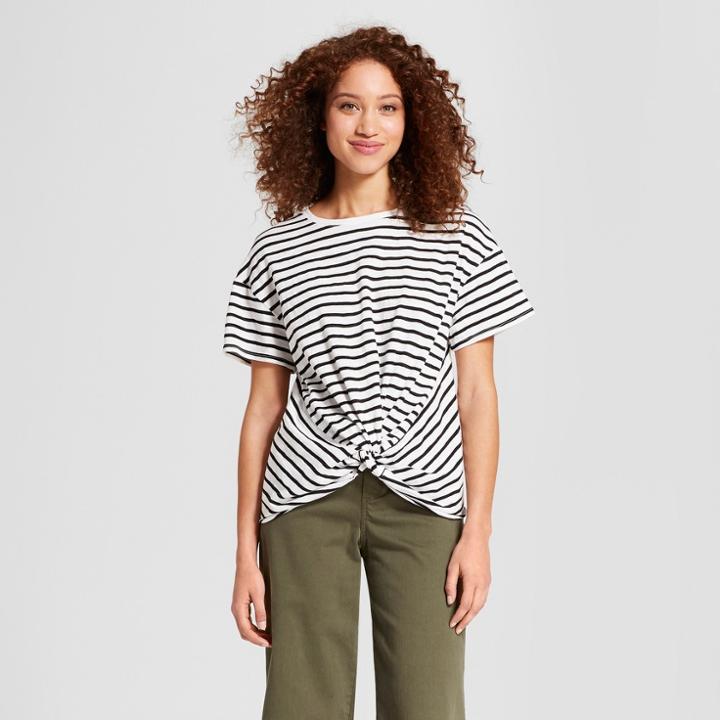 Women's Striped Short Sleeve Twist Front With Ruched Back T-shirt - A New Day White/black