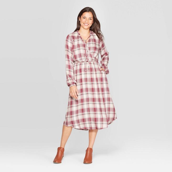 Women's Plaid Long Sleeve Dress - Knox Rose Red