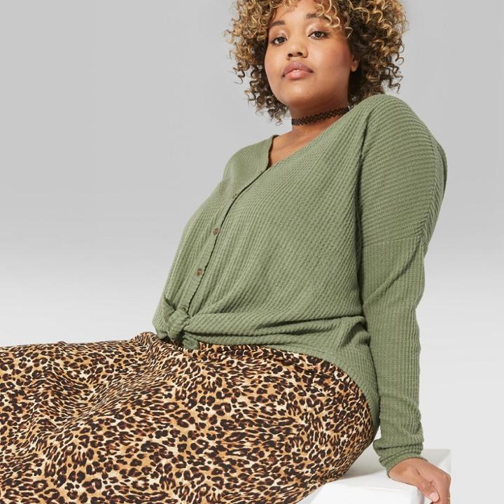 Women's Plus Size Oversized Long Sleeve Thermal Front Tie T-shirt - Wild Fable Army Green