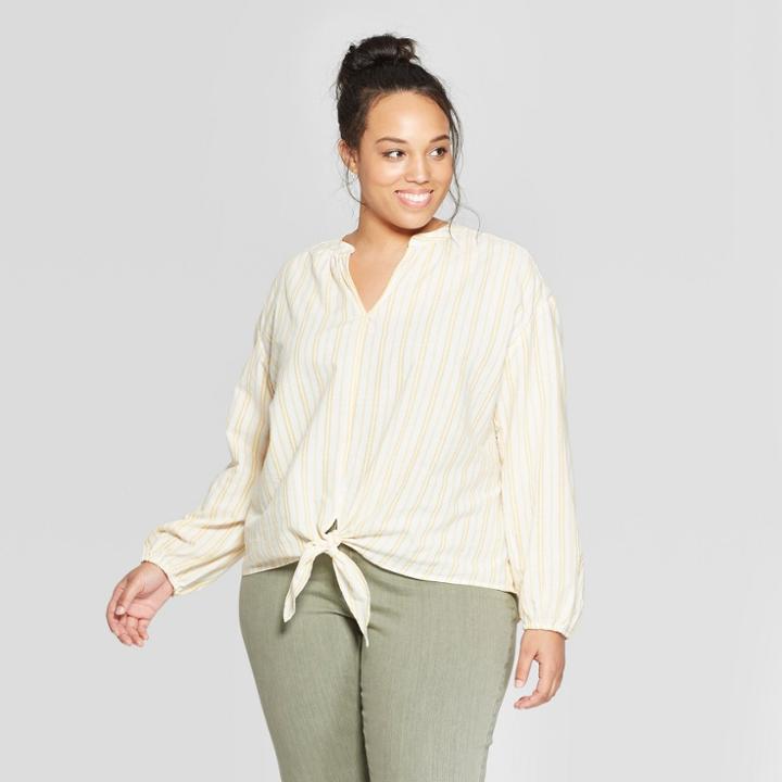 Women's Plus Size Striped Long Sleeve Tie Front Top - Universal Thread Yellow