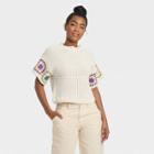 Women's Short Sleeve Crewneck Crochet Pullover Sweater - Universal Thread White