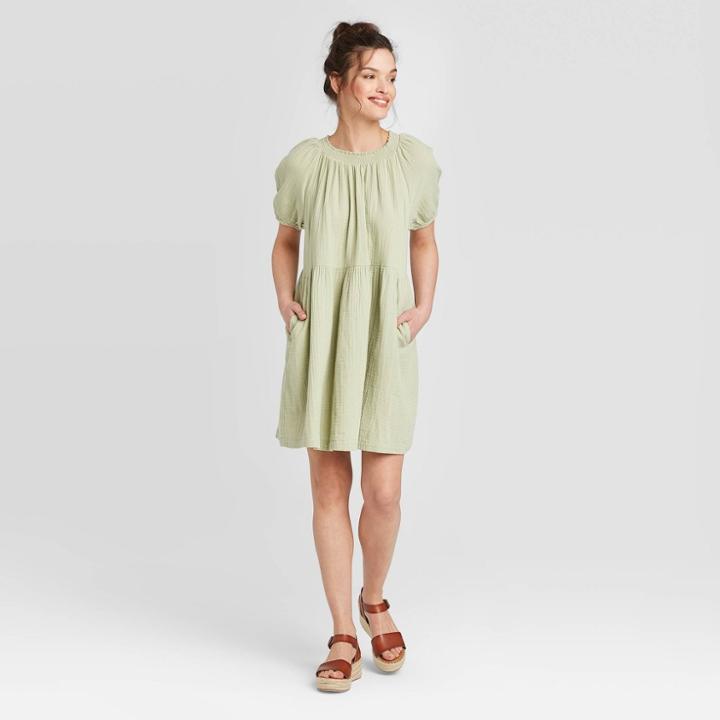 Women's Short Sleeve Crewneck Smocked Gauze Shift Dress - Universal Thread Mint Xs, Women's, Green