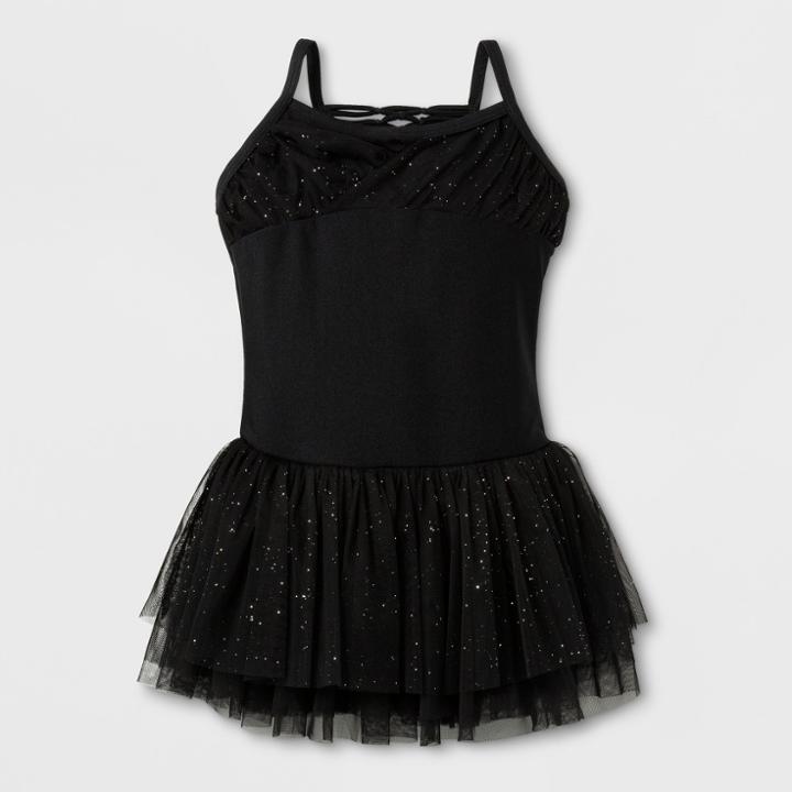 Danshuz Toddler Girls' Camisole Activewear Dress With Pleated Glitter Chiffon Yoke And Triple Layer Glitter Skirt - Black 8-10,
