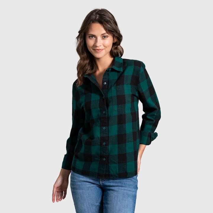 United By Blue Women's Organic Flannel Button-down Shirt - Botanical Green/plaid