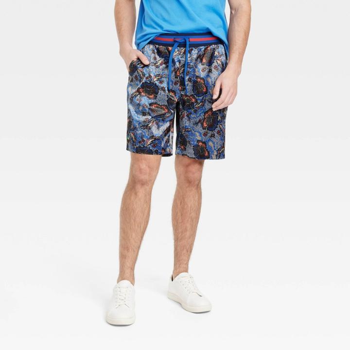 Houston White Adult Satin Pull-on Boxer Shorts - Dark Blue Floral Xxs/xs