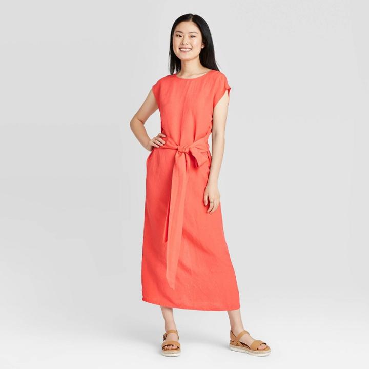 Women's Short Sleeve Tie Waist Dress - A New Day Coral S, Women's, Size: