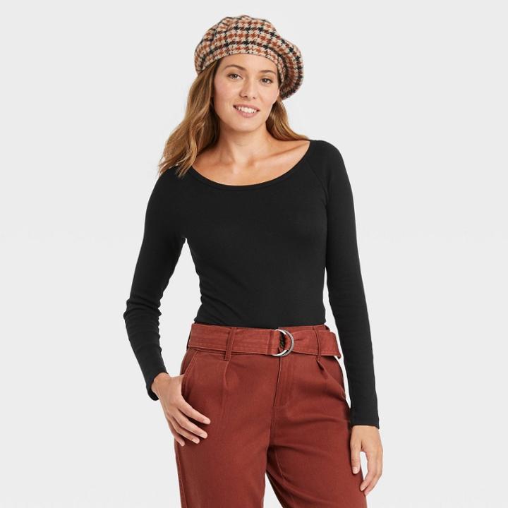 Women's Long Sleeve Ribbed Bodysuit - A New Day Black
