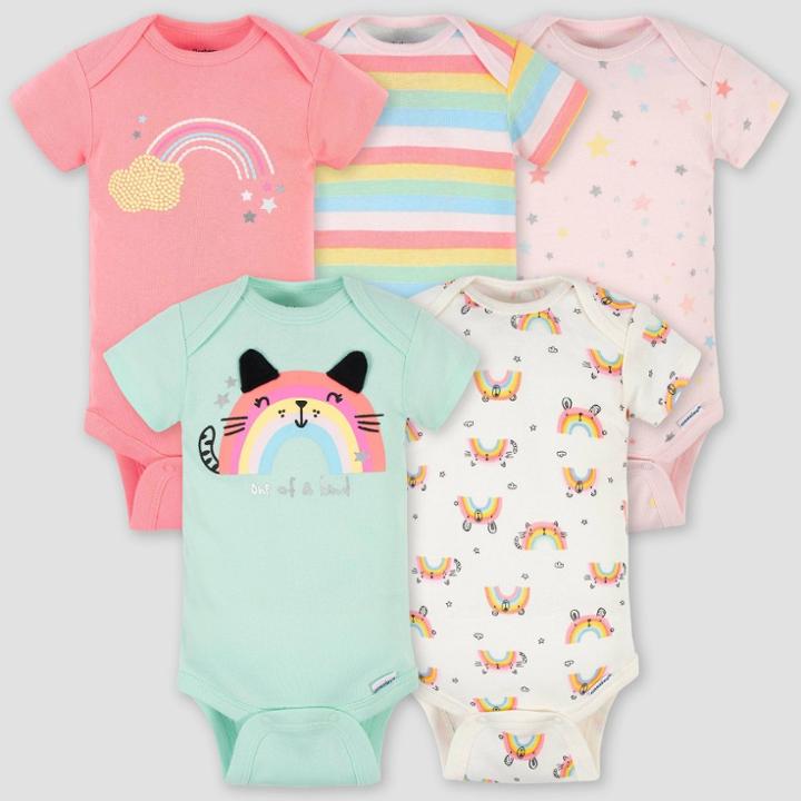 Gerber Baby Girls' 5pk Rainbow Short Sleeve Onesies - Green/pink/cream