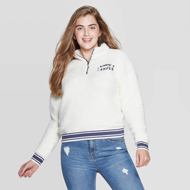Women's Happy Camper Long Sleeve Sherpa 1/4 Zip Sweatshirt - Grayson Threads (juniors') - Light Beige