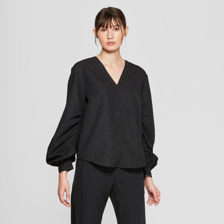 Women's Long Blouson Sleeve V-neck Blouse - Prologue Black