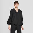 Women's Long Blouson Sleeve V-neck Blouse - Prologue Black