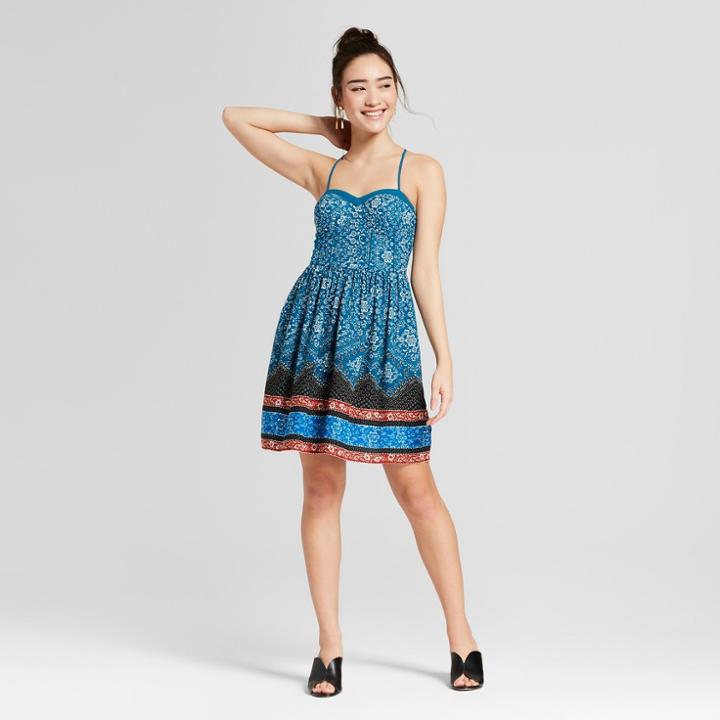 Women's Floral Print Bra Cup Strappy Dress - Xhilaration Teal (blue)
