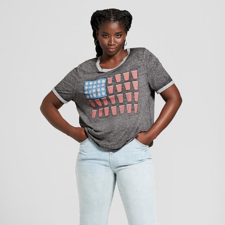Women's Plus Size Beer Pong Flag Short Sleeve Ringer Graphic T-shirt - Zoe+liv Charcoal