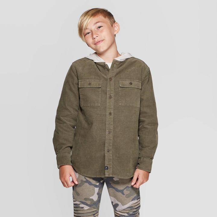 Boys' Corduroy Hooded Button-down Shirt - Art Class Green