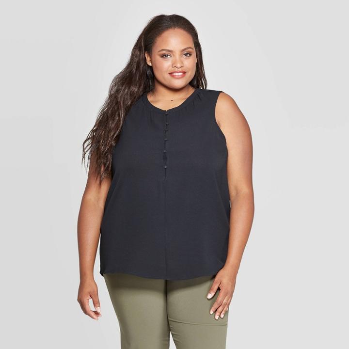 Women's Plus Size Sleeveless Collared Button-front Blouse - Ava & Viv Black