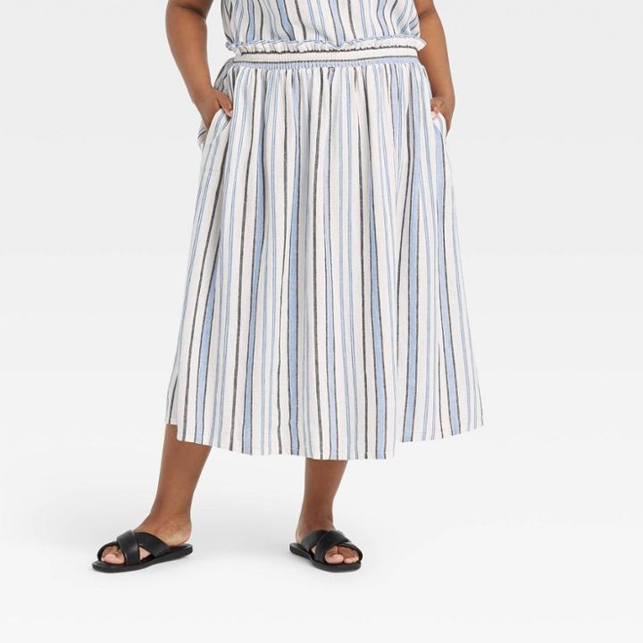 Women's Plus Size Striped Smocked Waist Midi Skirt - A New Day Cream