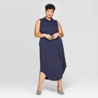 Women's Plus Size Sleeveless Collared Knit Midi Shirtdress - Ava & Viv Navy (blue)