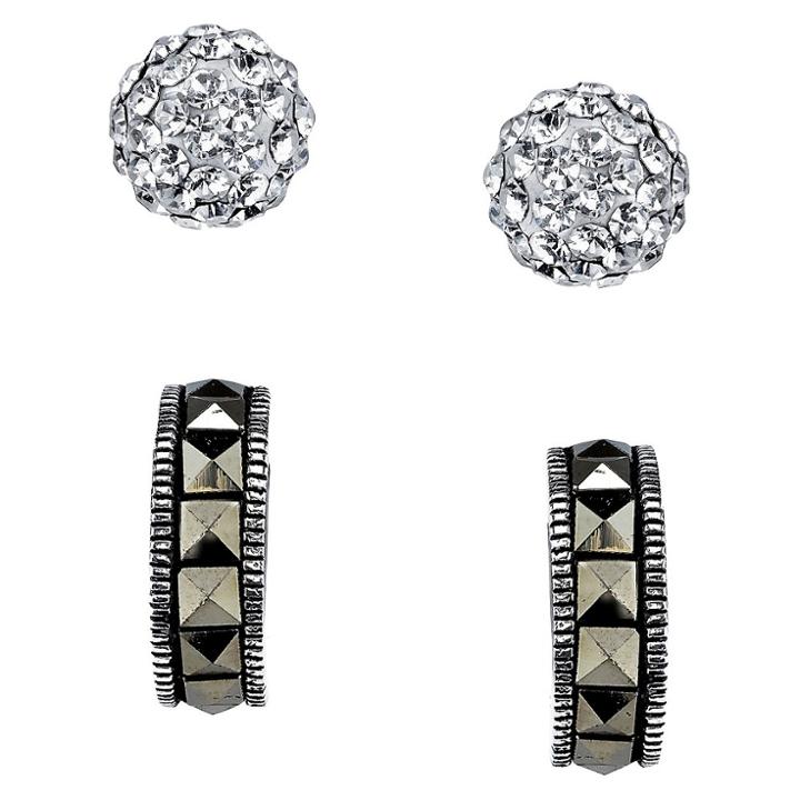 Target Silver Plated Marcasite And Crystall Pave Ball Duo Earring Set, Women's, Silver/metallic