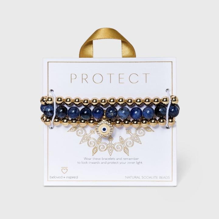 Beloved + Inspired Gold Granite With Evil Eye Charm Trio Stretch Beaded Bracelet