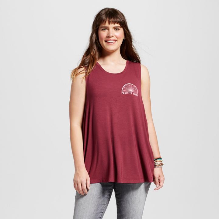 Fifth Sun Women's Plus Size Positive Vibes Graphic Tank Top Burgundy 2x - Fifth