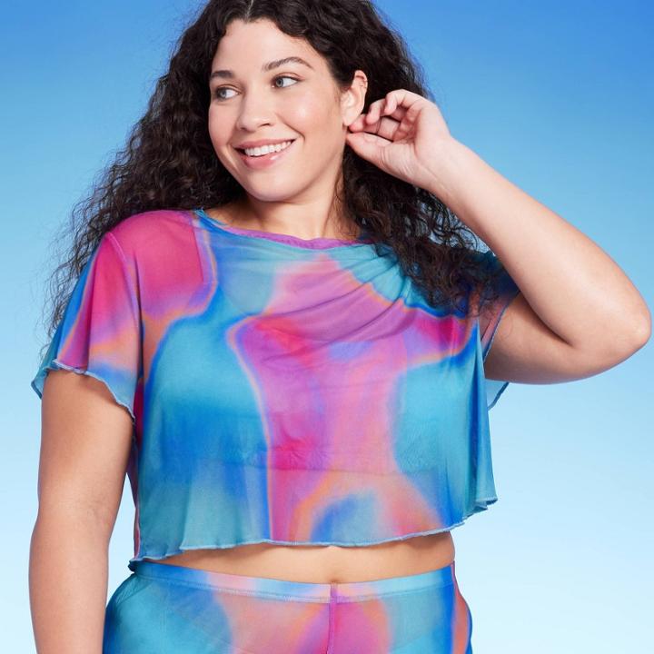 Women's Mesh Cover Up Short Sleeve Crop Top - Wild Fable Multi Marble Print