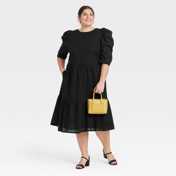 Women's Plus Size Elbow Sleeve Eyelet Dress - A New Day Black