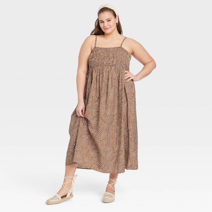 Women's Plus Size Spaghetti Strap Smocked Dress - A New Day Brown Geometric Print