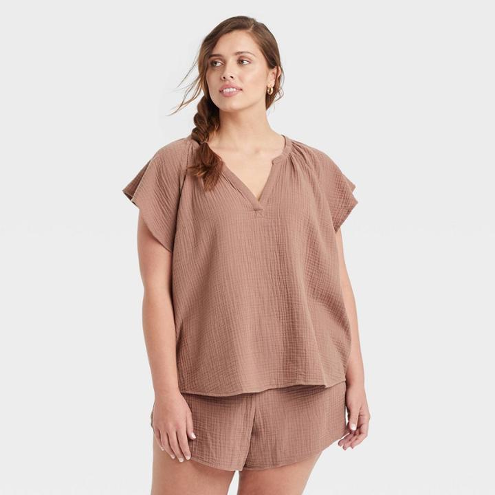 Women's Plus Size Flutter Short Sleeve Blouse - Universal Thread Brown