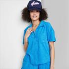Women's Ascot + Hart Terry Cloth Short Sleeve Button-down Graphic Top - Blue