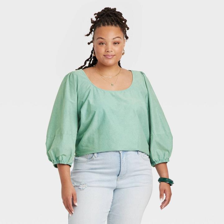 Women's Plus Size Balloon 3/4 Sleeve Blouse - Ava & Viv Teal Green X