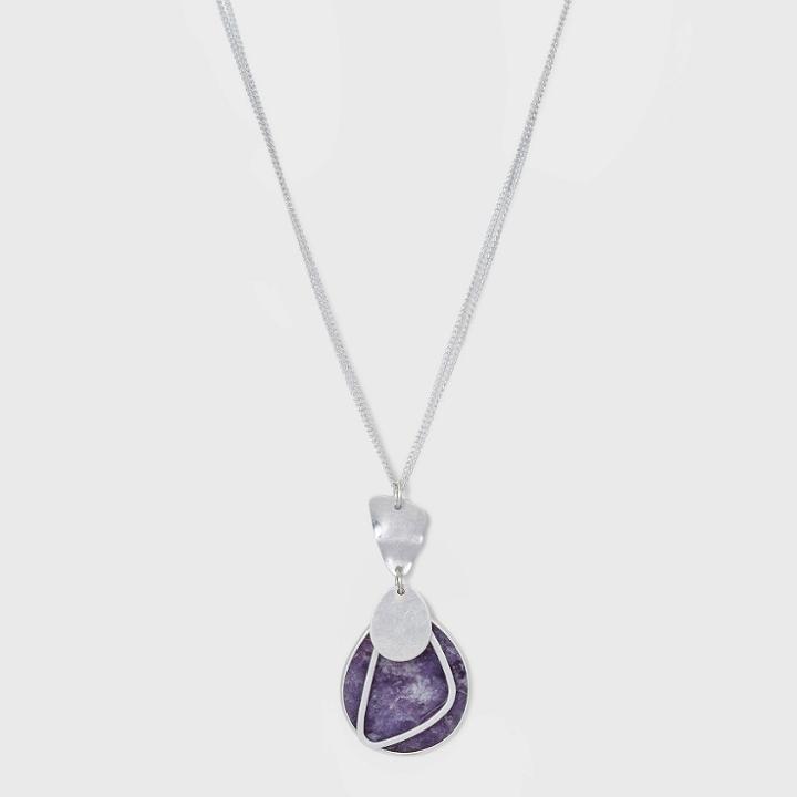 Worn Silver And Semi-precious Lilac Lepidolite With Wavy Metal Cutout Pendant Necklace - Universal Thread