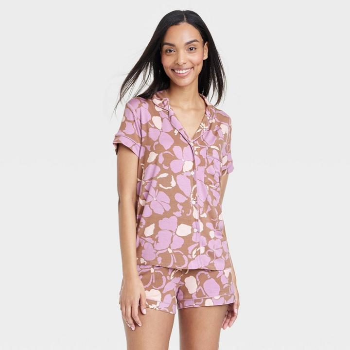 Women's Beautifully Soft Short Sleeve Notch Collar Top And Shorts Pajama Set - Stars Above Brown