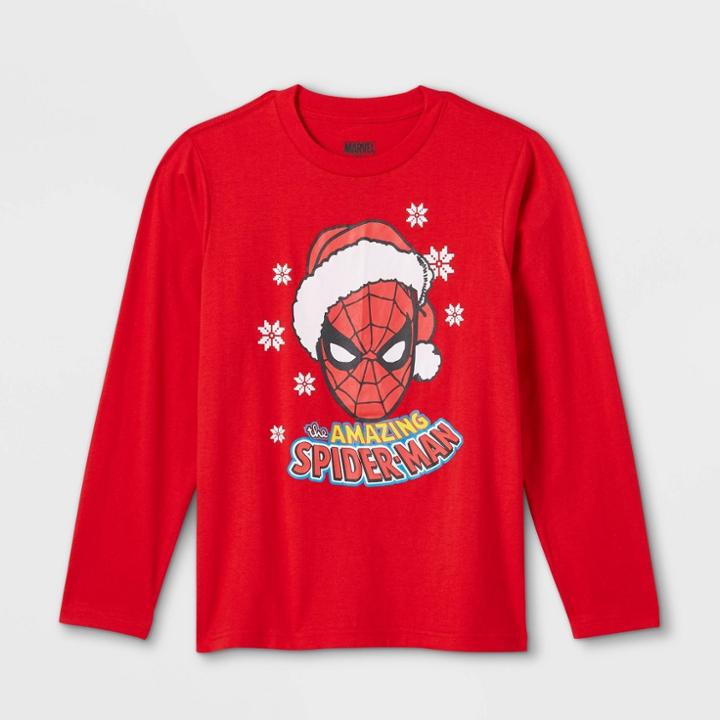Boys' Marvel Spider-man Santa Hat Long Sleeve Graphic T-shirt - Red