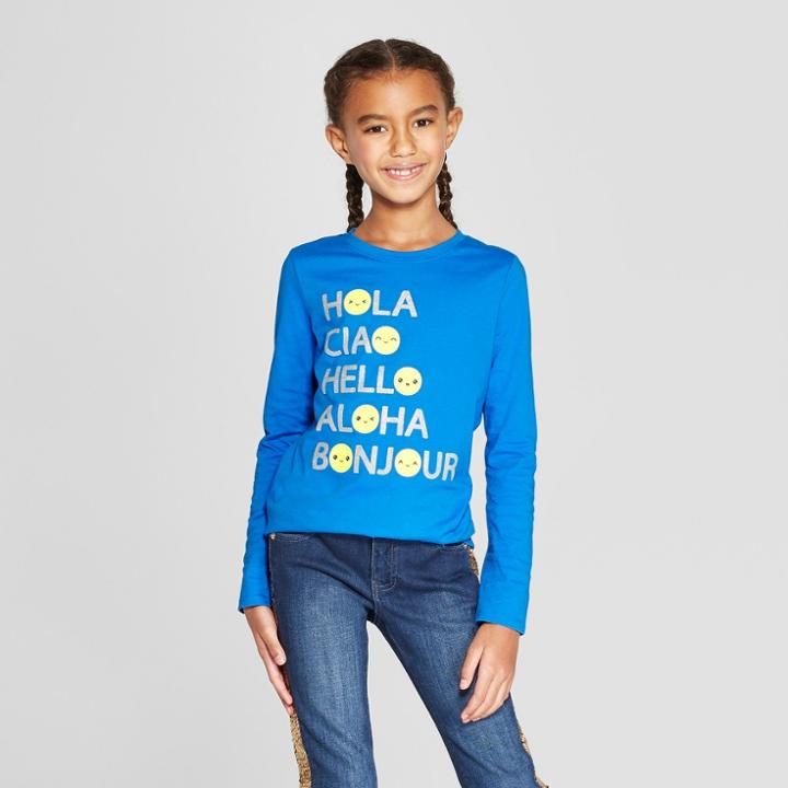 Girls' Long Sleeve Hello Emojis Graphic T-shirt - Cat & Jack Blue