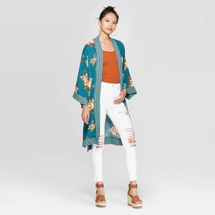 Women's Floral Print Long Sleeve Kimono Jacket - Xhilaration Teal